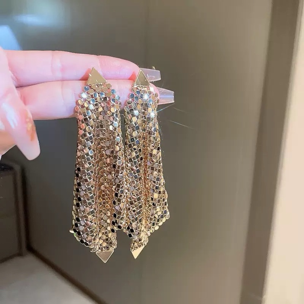 Women's Gold Diamond-Shaped Tassel Earrings Woven Textured Sterling Silver Posts